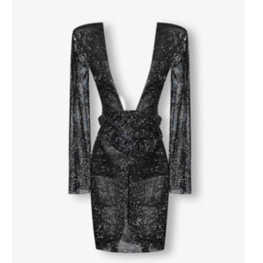 Heiress Black crystal metal mesh large flower embellished midi dress